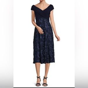 Alex Evenings Navy Sequined and Lace Dress